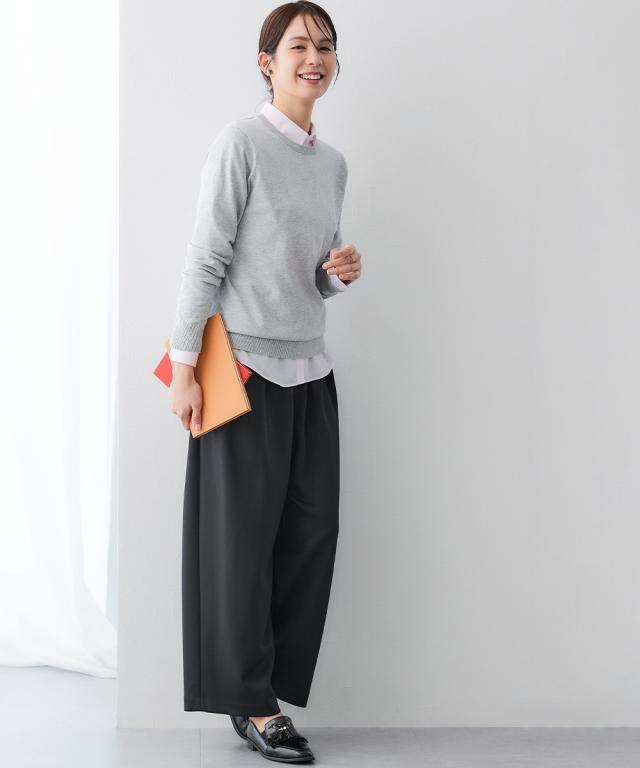 スーツ レディース ダンボール ニット 素材ノーカラー ジャケット ＋ワイド パンツ 春 秋 ビジネス セットアップ | S/M/L | ニッセン nissen_12