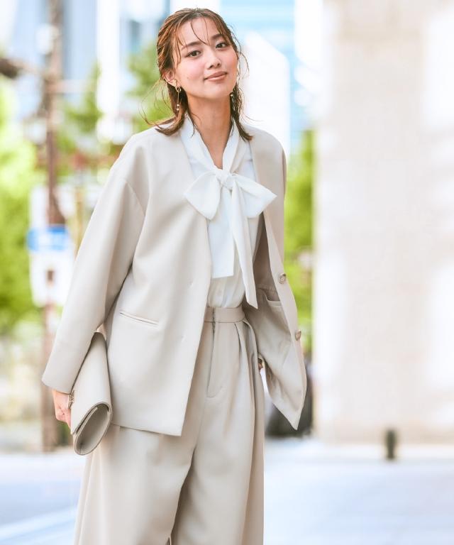 スーツ レディース ダンボール ニット 素材ノーカラー ジャケット ＋ワイド パンツ 春 秋 ビジネス セットアップ | S/M/L | ニッセン nissen_13