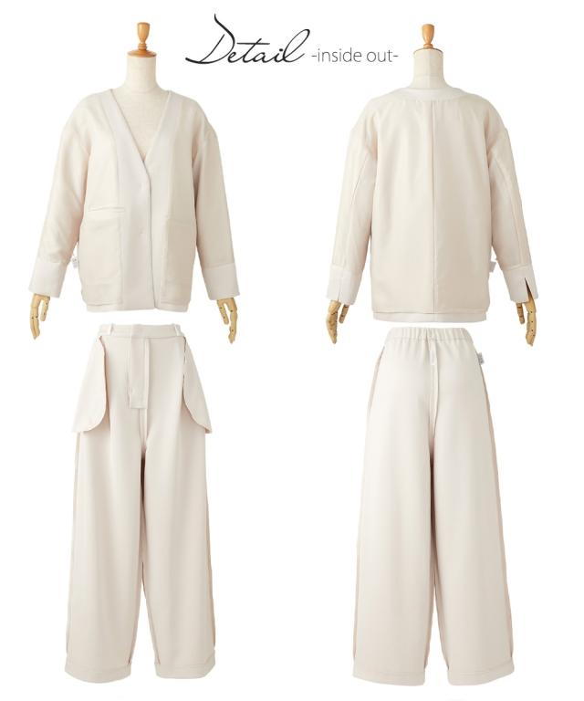 スーツ レディース ダンボール ニット 素材ノーカラー ジャケット ＋ワイド パンツ 春 秋 ビジネス セットアップ | S/M/L | ニッセン nissen_18
