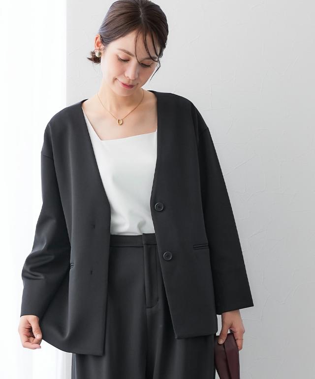 スーツ レディース ダンボール ニット 素材ノーカラー ジャケット ＋ワイド パンツ 春 秋 ビジネス セットアップ | 4L/5L | ニッセン nissen_8