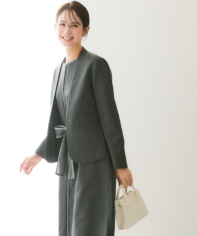 スーツ レディース 配色パイピング使いアンサンブル ノーカラー ジャケット ＋共布 ベルト付 ロング丈フレア ワンピース 春 秋 | 4L/5L | ニッセン nissen_17