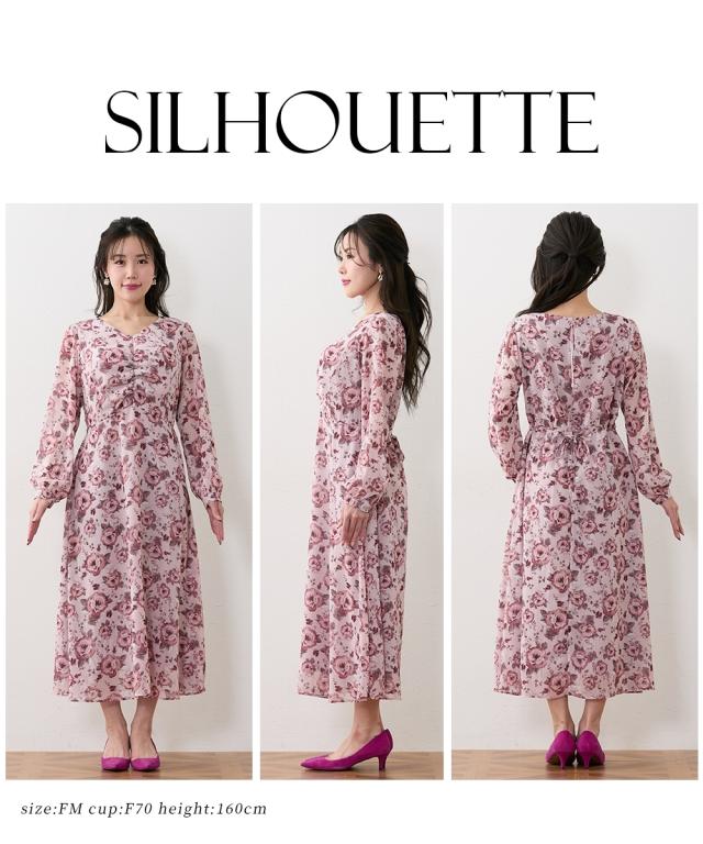 ワンピース ロング マキシ レディース 大きい胸専用 Vネック シャーリングフラワー リボン付 春 秋 ひざ下 | LL | ニッセン nissen