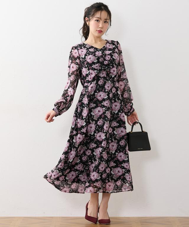 ワンピース ロング マキシ レディース 大きい胸専用 Vネック シャーリングフラワー リボン付 春 秋 ひざ下 | LL | ニッセン nissen