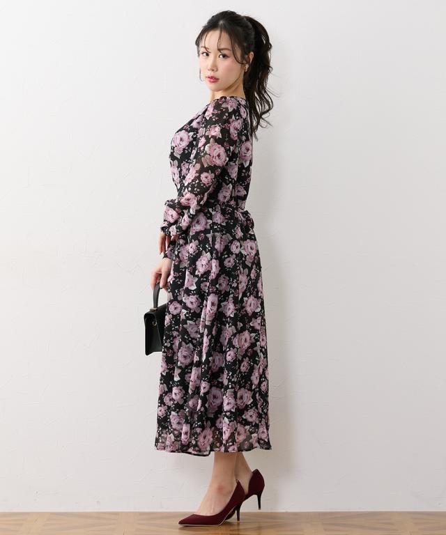 ワンピース ロング マキシ レディース 大きい胸専用 Vネック シャーリングフラワー リボン付 春 秋 ひざ下 | LL | ニッセン nissen