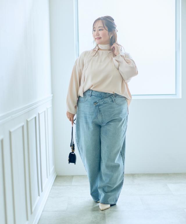 大きいサイズ 【らめちゃんコラボ】ウエストデザインワイドデニムパンツ ニッセン nissen_3