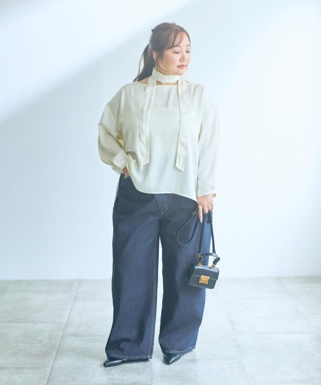 大きいサイズ 【らめちゃんコラボ】ウエストデザインワイドデニムパンツ ニッセン nissen_8