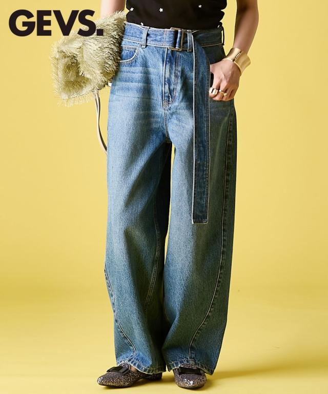ワイドパンツ レディース 綿100％ バレルレッグ デニム パンツ 共布 ベルト付 GEVS. ゆったり 体型カバー 美脚 ボトムス ズボン | 68〜88 | ニッセン nissen