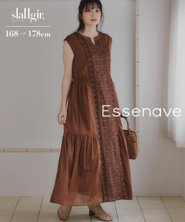 衣装 ロング マキシ トール大きさ レディース 高身たけ 綿100％ 向こう正面刺繍 絵図面 Essenave 夏 途轍も無い大きさ ひざ下 | M/L | ニッセン nissen