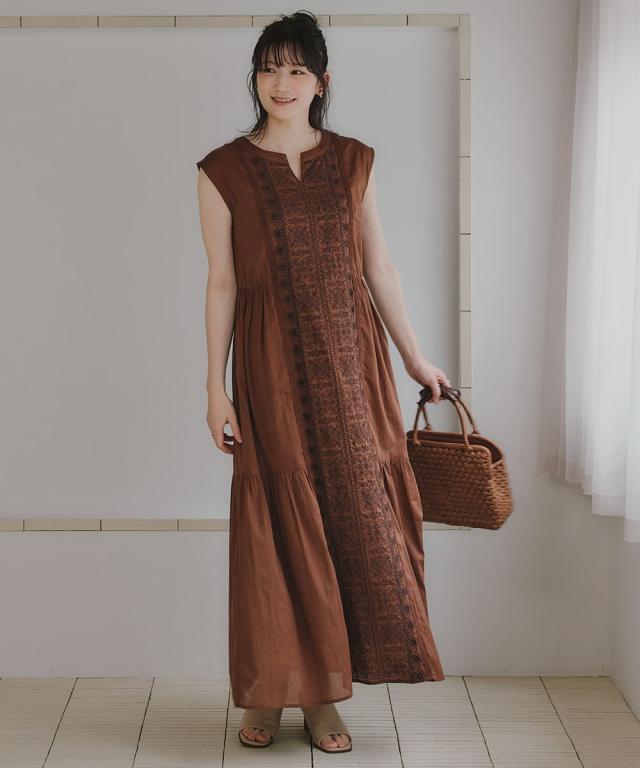 衣装 ロング マキシ トール大きさ レディース 高身たけ 綿100％ 向こう正面刺繍 絵図面 Essenave 夏 途轍も無い大きさ ひざ下 | M/L | ニッセン nissen
