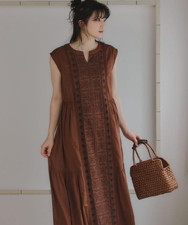 衣装 ロング マキシ トール大きさ レディース 高身たけ 綿100％ 向こう正面刺繍 絵図面 Essenave 夏 途轍も無い大きさ ひざ下 | M/L | ニッセン nissen