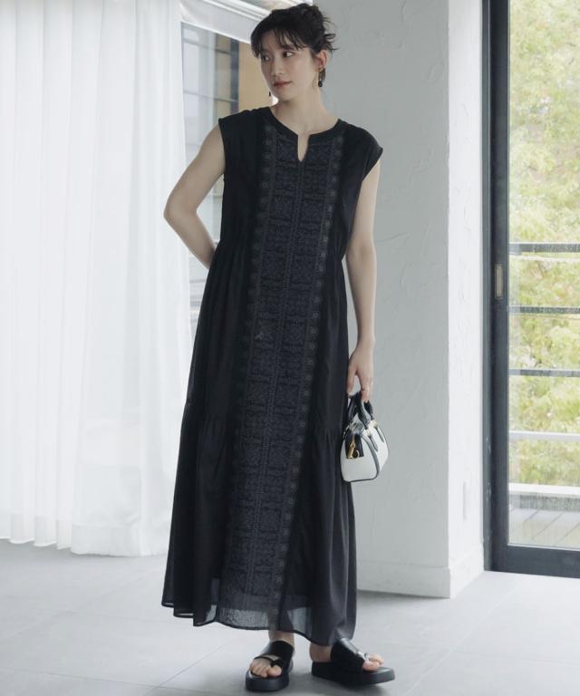 衣装 ロング マキシ トール大きさ レディース 高身たけ 綿100％ 向こう正面刺繍 絵図面 Essenave 夏 途轍も無い大きさ ひざ下 | M/L | ニッセン nissen