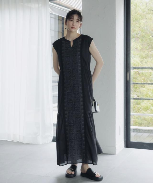 衣装 ロング マキシ トール大きさ レディース 高身たけ 綿100％ 向こう正面刺繍 絵図面 Essenave 夏 途轍も無い大きさ ひざ下 | M/L | ニッセン nissen