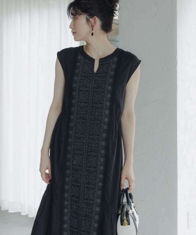 衣装 ロング マキシ トール大きさ レディース 高身たけ 綿100％ 向こう正面刺繍 絵図面 Essenave 夏 途轍も無い大きさ ひざ下 | M/L | ニッセン nissen