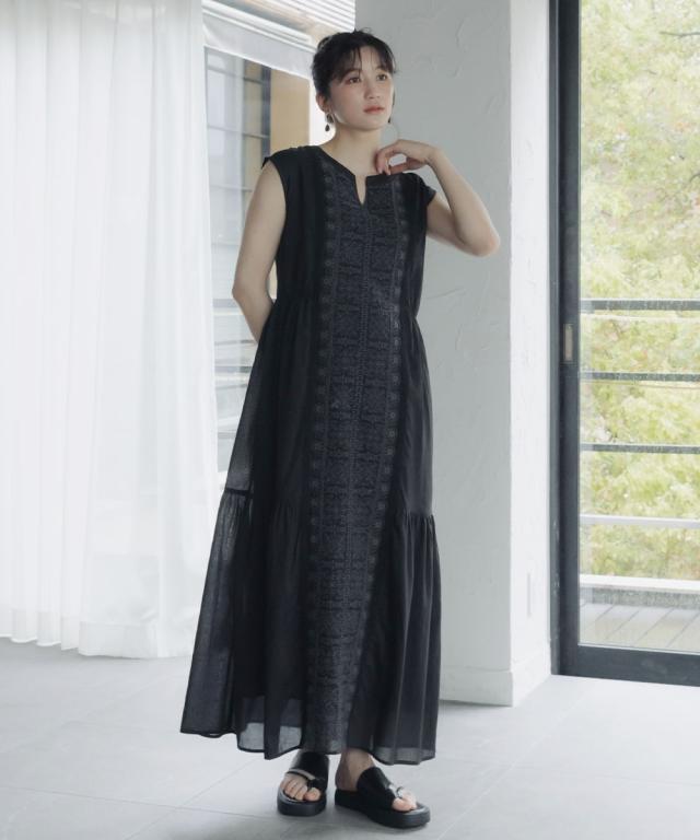 衣装 ロング マキシ トール大きさ レディース 高身たけ 綿100％ 向こう正面刺繍 絵図面 Essenave 夏 途轍も無い大きさ ひざ下 | M/L | ニッセン nissen