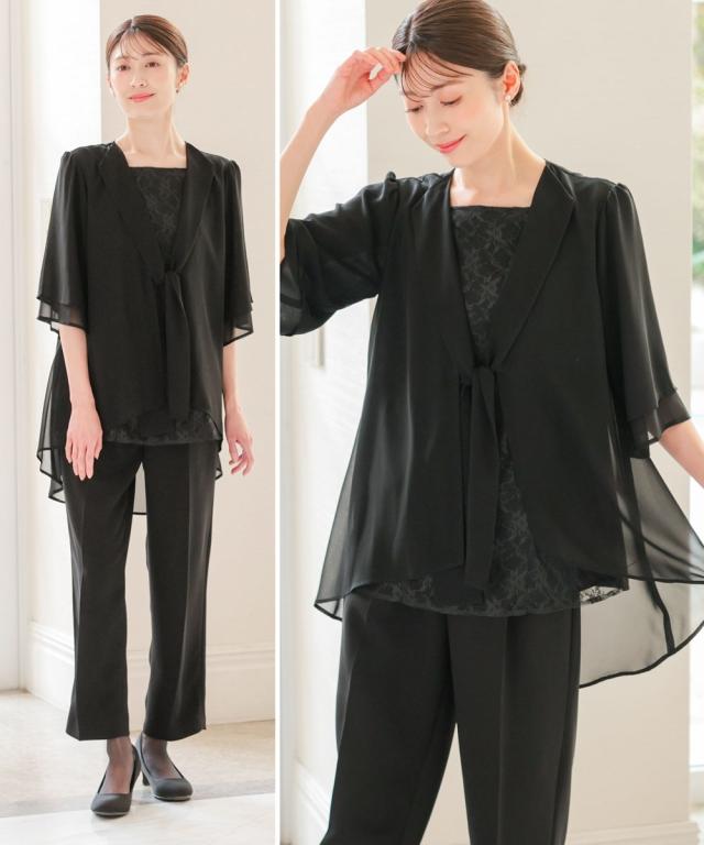 喪服 礼服 ブラックフォーマル レディース 洗える防しわ 前開き ドレープシフォン ロング ボウタイ ブラウス ＋ パンツ セット 春 夏 秋 冬 ニッセン nissen_3
