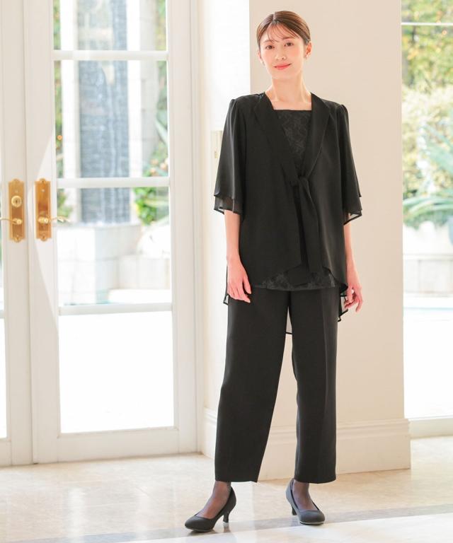 喪服 礼服 ブラックフォーマル レディース 洗える防しわ 前開き ドレープシフォン ロング ボウタイ ブラウス ＋ パンツ セット 春 夏 秋 冬 ニッセン nissen_11