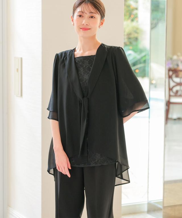喪服 礼服 ブラックフォーマル レディース 洗える防しわ 前開き ドレープシフォン ロング ボウタイ ブラウス ＋ パンツ セット 春 夏 秋 冬 ニッセン nissen_14