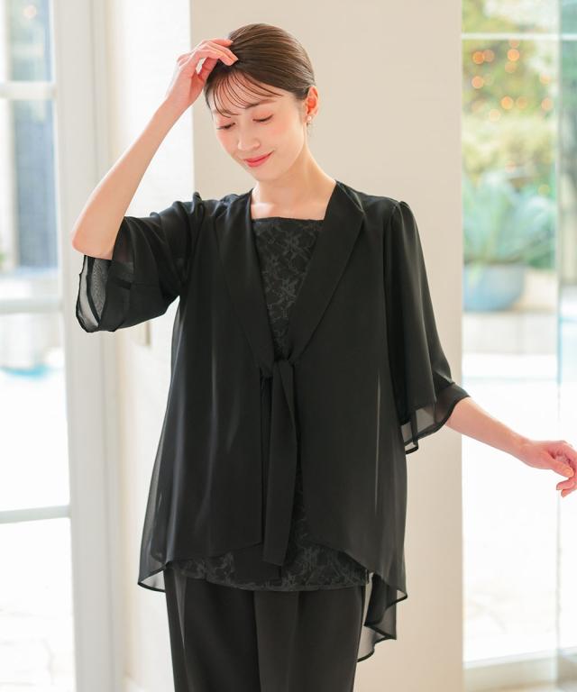 喪服 礼服 ブラックフォーマル レディース 洗える防しわ 前開き ドレープシフォン ロング ボウタイ ブラウス ＋ パンツ セット 春 夏 秋 冬 ニッセン nissen_15