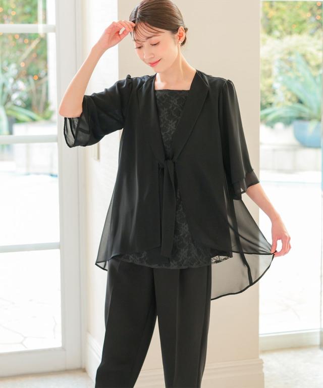 喪服 礼服 ブラックフォーマル レディース 洗える防しわ 前開き ドレープシフォン ロング ボウタイ ブラウス ＋ パンツ セット 春 夏 秋 冬 ニッセン nissen_17