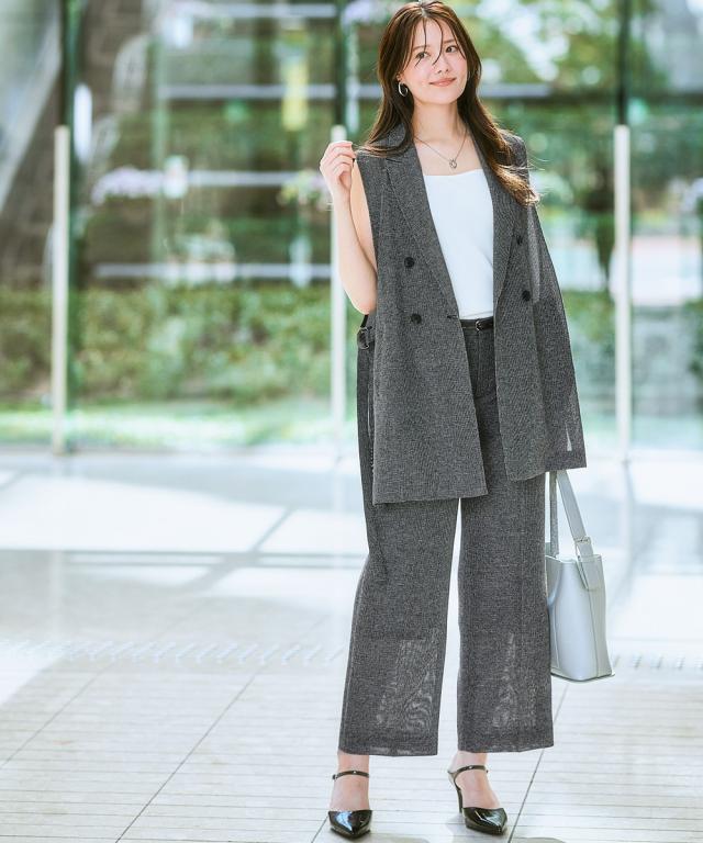 スーツ レディース 風が通るカラミメッシュ素材 ロング ジレ パンツ ジレ＋ワイド 夏 ビジネス セットアップ | LL/3L | ニッセン nissen_15