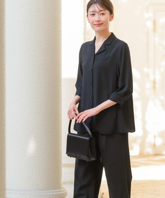 喪服 礼服 ブラックフォーマル レディース 簡易喪服 ライト フォーマル 洗える防しわ 前開き シャツ ブラウス ＋ ストレート パンツ セットアップ ニッセン_10