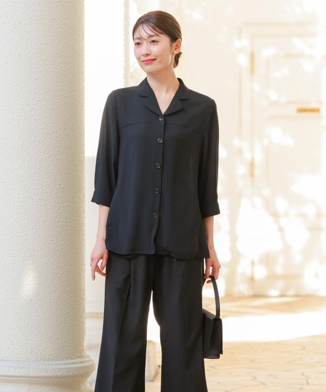 喪服 礼服 ブラックフォーマル レディース 簡易喪服 ライト フォーマル 洗える防しわ 前開き シャツ ブラウス ＋ ストレート パンツ セットアップ ニッセン_11