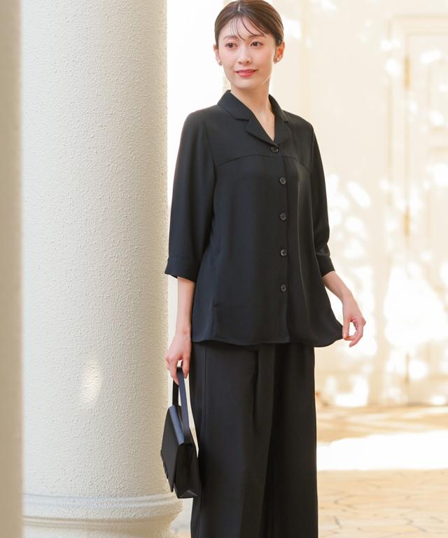 喪服 礼服 ブラックフォーマル レディース 簡易喪服 ライト フォーマル 洗える防しわ 前開き シャツ ブラウス ＋ ストレート パンツ セットアップ ニッセン_12