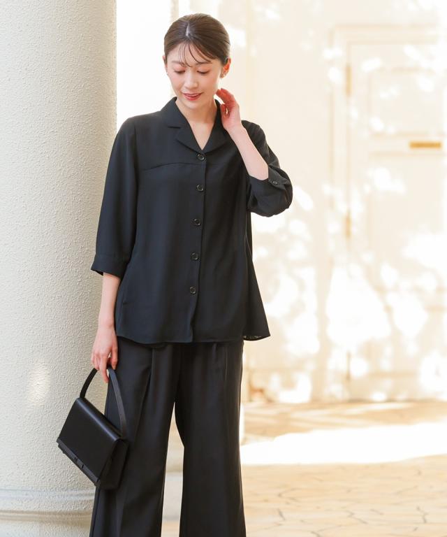 喪服 礼服 ブラックフォーマル レディース 簡易喪服 ライト フォーマル 洗える防しわ 前開き シャツ ブラウス ＋ ストレート パンツ セットアップ ニッセン_13