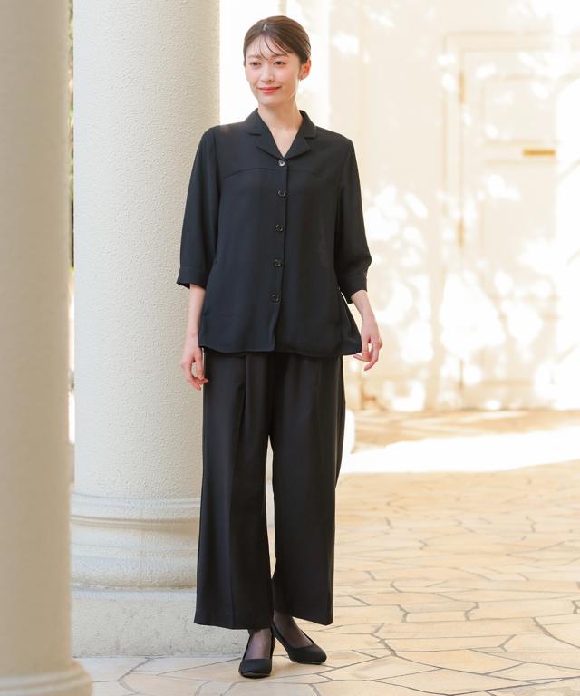 喪服 礼服 ブラックフォーマル レディース 簡易喪服 ライト フォーマル 洗える防しわ 前開き シャツ ブラウス ＋ ストレート パンツ セットアップ ニッセン_15