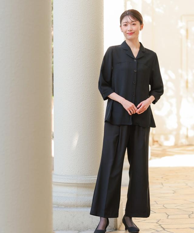 喪服 礼服 ブラックフォーマル レディース 簡易喪服 ライト フォーマル 洗える防しわ 前開き シャツ ブラウス ＋ ストレート パンツ セットアップ ニッセン_16