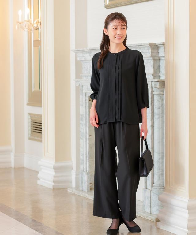 喪服 礼服 ブラックフォーマル レディース 簡易喪服 ライト フォーマル 洗える防しわ 前開き バンドタック ブラウス ＋ ストレート パンツ セットアップ_11