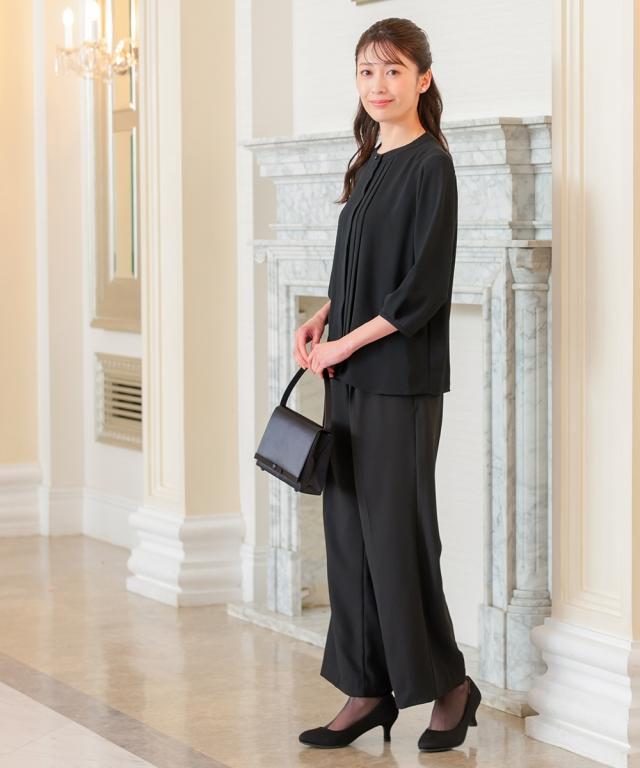 喪服 礼服 ブラックフォーマル レディース 簡易喪服 ライト フォーマル 洗える防しわ 前開き バンドタック ブラウス ＋ ストレート パンツ セットアップ_17