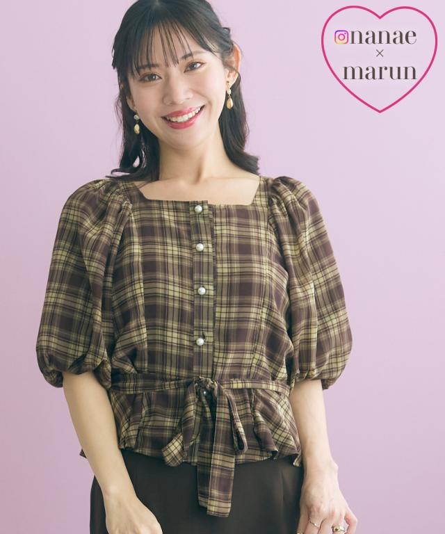 シャツ ブラウス レディース nanaeさんコラボ チェック柄ペプラム ショート marun 秋 | 6L/8L/10L | ニッセン nissen 6,513円