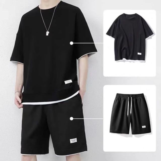 ハーフパンツ 薄手 メンズ 半袖Tシャツ 上下セット おしゃれ 半ズボン 重ね着風 ジャージ 夏 スポーツウェア 2点セット ワッフル 短パン 五分袖 ショートパンツ ワッフル カットソー トップス 大きいサイズ スウェット・ジャージ