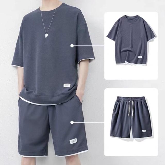 ハーフパンツ 薄手 メンズ 半袖Tシャツ 上下セット おしゃれ 半ズボン 重ね着風 ジャージ 夏 スポーツウェア 2点セット ワッフル 短パン 五分袖 ショートパンツ ワッフル カットソー トップス 大きいサイズ スウェット・ジャージ