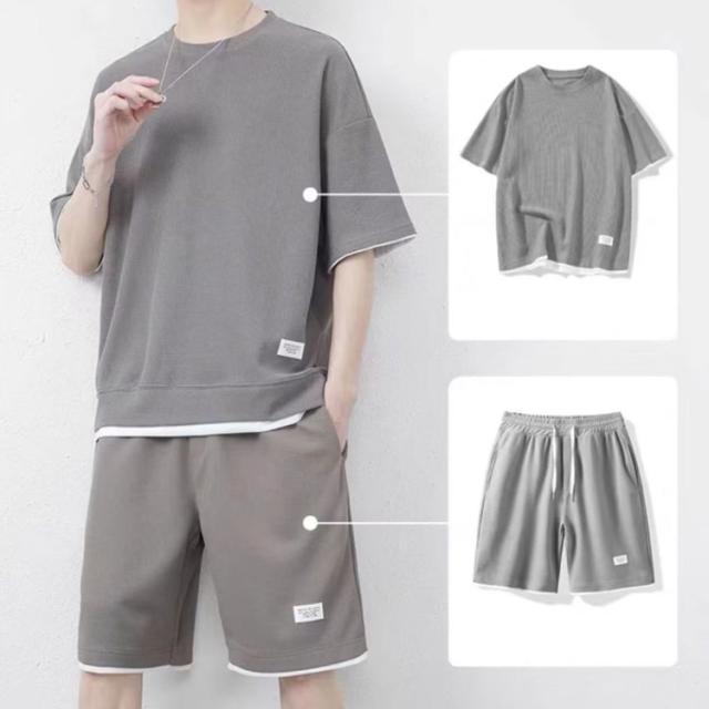 ハーフパンツ 薄手 メンズ 半袖Tシャツ 上下セット おしゃれ 半ズボン 重ね着風 ジャージ 夏 スポーツウェア 2点セット ワッフル 短パン 五分袖 ショートパンツ ワッフル カットソー トップス 大きいサイズ スウェット・ジャージ