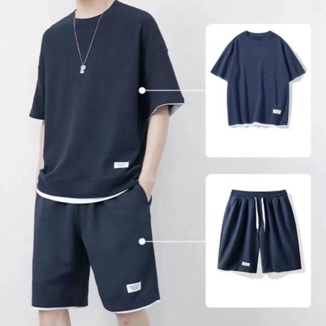 ハーフパンツ 薄手 メンズ 半袖Tシャツ 上下セット おしゃれ 半ズボン 重ね着風 ジャージ 夏 スポーツウェア 2点セット ワッフル 短パン 五分袖 ショートパンツ ワッフル カットソー トップス 大きいサイズ スウェット・ジャージ