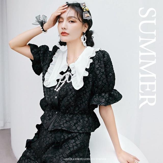 レディース ブラウス 春夏 半袖  ジャカード パフスリーブ 可愛い レース ラペル デザインセンス ファッション おしゃれ