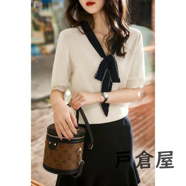 Tシャツ ニットソー レディース 40代 2021 オシャレ 白Tシャツ 半袖トップス 薄手ニットソー リボンネック 大人 上品 通勤 ショット丈 カットソー 30代 Tシャツ ニットソー レディース 40代 2021 オシャレ 白Tシャツ 半袖