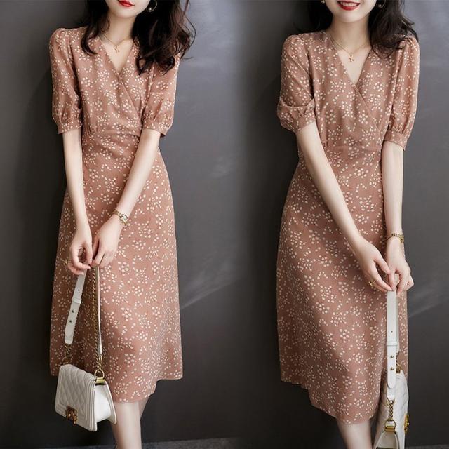 ワンピース レディース 40代 マキシワンピース 春夏新作 半袖ワンピース 花柄vネック aラインスカートオシャレ韓国風 大人 通勤OL ゆったり 30代