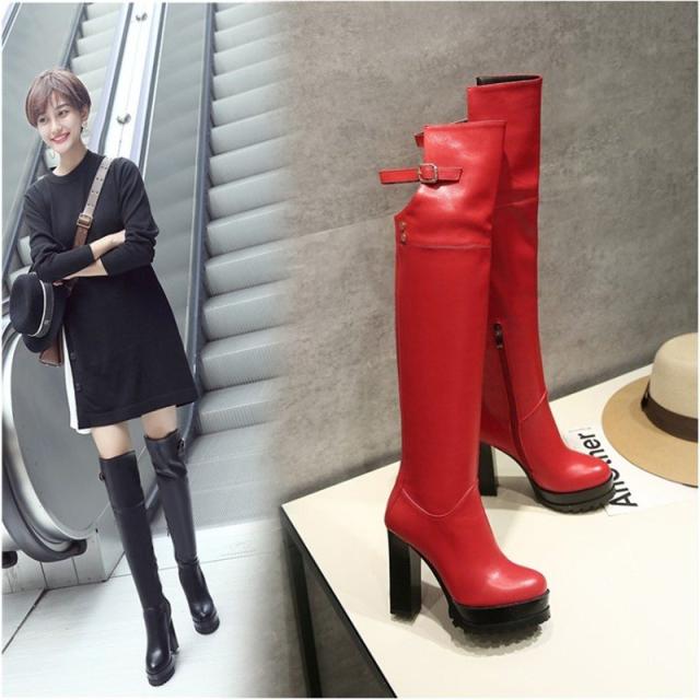 ブーツ ジョッキーブーツ 大きいサイズ 冬 美脚 長靴 防寒ブーツ 太ヒール 筒周り 22cm〜26.5cm ニーハイブーツ 履き口 ヒール11cm 裏起毛 ストラップの通販は