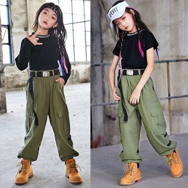 【ベルト贈】キッズ ダンス衣装 ヒップホップ セットアップ トップス ダンスパンツ ミリタリー ズボン 子供服 ジャズダンス 練習着 体操服の通販は