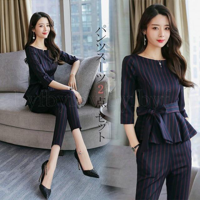 春コーデ レディース セットアップ スーツパンツ 上下セット 2点セット パンツスーツ ストライプ セレモニー 通勤 入学式 卒業式 母 服 フォーマル お洒落