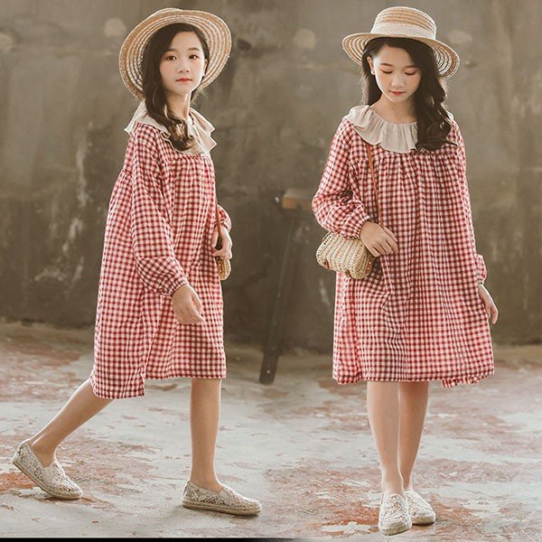 子供服 ワンピース キッズ 女の子 長袖 おしゃれ 春秋 韓国子供服 ジュニア 膝丈ワンピース 折り襟 チェック柄 子供ドレス dress カジュアル 可愛い 通学着 新品