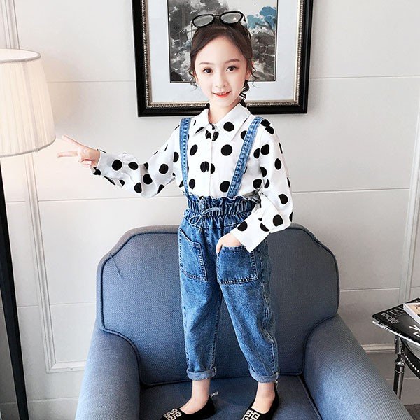 子供服 セットアップ キッズ 女の子 おしゃれ 長袖 春秋 2点セット 韓国子供服 ブラウス シャツ ドット柄 サロペット 長ズボン カジュアル 可愛い 小学生 通学着