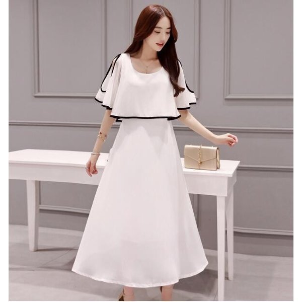 ワンピース  ロング丈 半袖ワンピース   肩露出　シフォン　ホワイト　上品 エレガント  着痩せ 大きいサイズ 披露宴 通勤　結婚