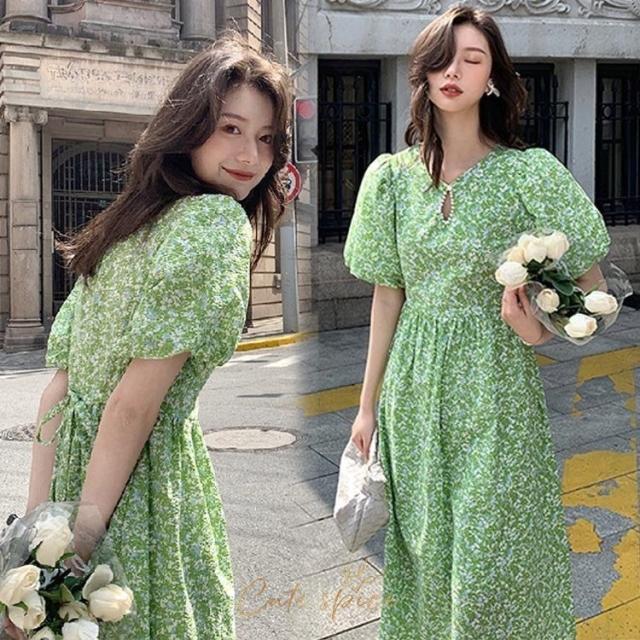 ワンピース レディース ワンピース キレイめ 30代 40代 膝丈ワンピース 夏 パフスリーブワンピース 花柄 ロング丈ワンピ オシャレ 通勤 着痩せ