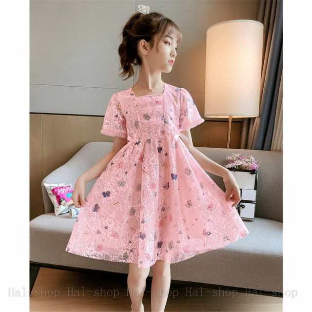 ワンピース ピンク 子供服 160 キッズ 女の子 夏 半袖 レース