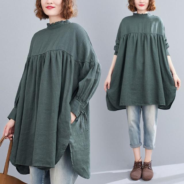 シャツ ブラウス ロングシャツ レディース 秋 トップス 長袖 無地 フリル カットソー 大きいサイズ ゆったり 綿麻 リネン オシャレ 通勤  通学 シャツ ブラウス ロングシャツ レディース 秋 トップス 長袖