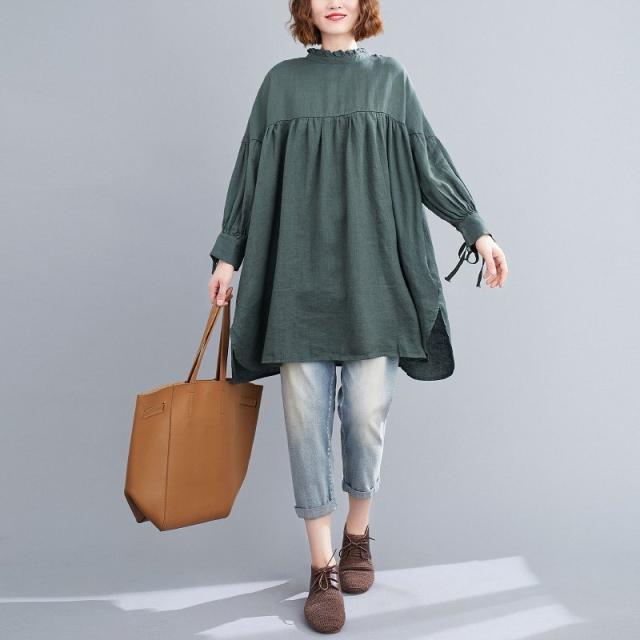シャツ ブラウス ロングシャツ レディース 秋 トップス 長袖 無地 フリル カットソー 大きいサイズ ゆったり 綿麻 リネン オシャレ 通勤  通学 シャツ ブラウス ロングシャツ レディース 秋 トップス 長袖